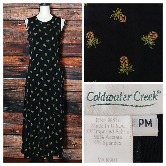 Coldwater Creek Vintage Midi Dress PM Medium Petite Black Pineapple USA Made - Picture 1 of 6